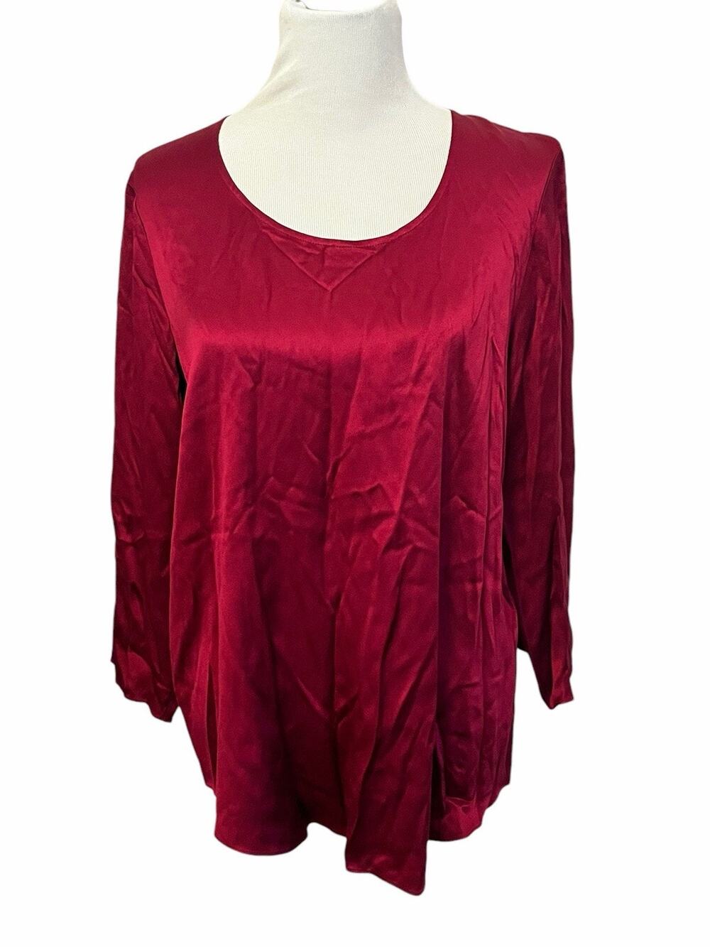 EILEEN FISHER Satin Scoop Neck Top Blouse •L•Popover Tunic Red Long Sleeve Silk?